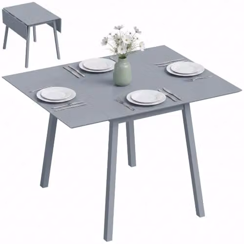 HOMCOM Grey Solid Pine Wood Folding Dining Table with Butterfly Drop Leaf, W/D/H: 110 x 86 x 75 cm