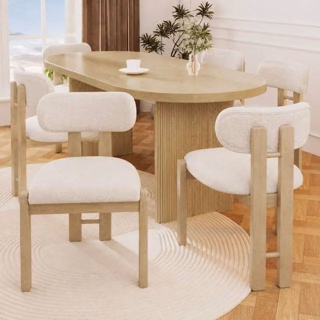 Rolipo Set of 6 Scandinavian Solid Oak Dining Chairs in Beige Bouclé