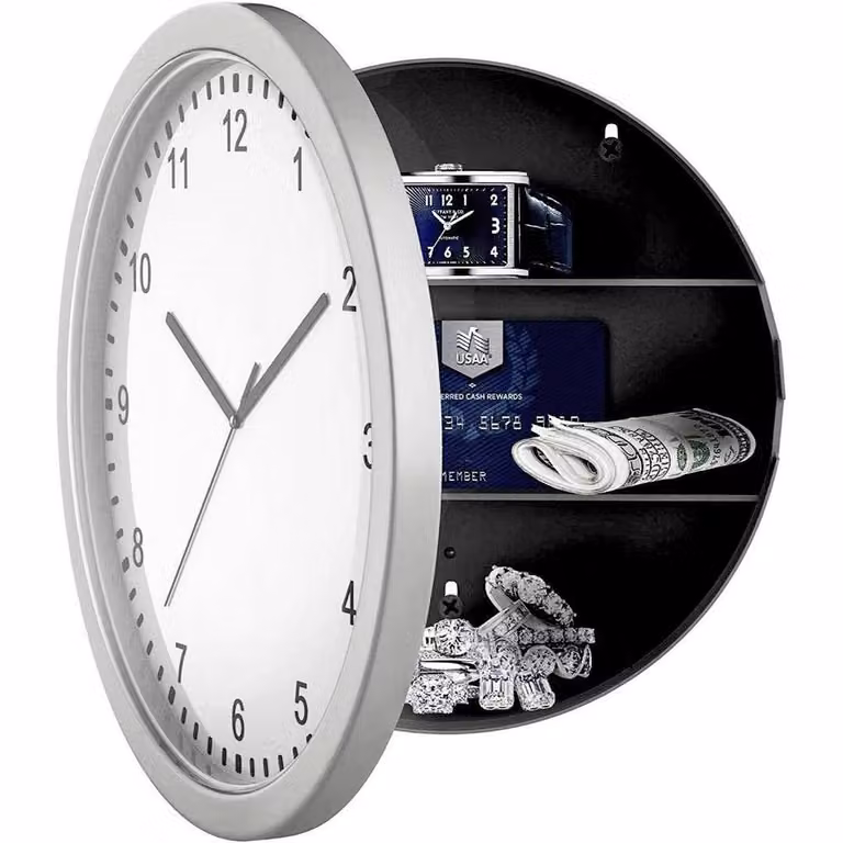VOGREX Silver Secret Wall Clock Money Box and Home Valuables Safe with Analog Quartz Movement