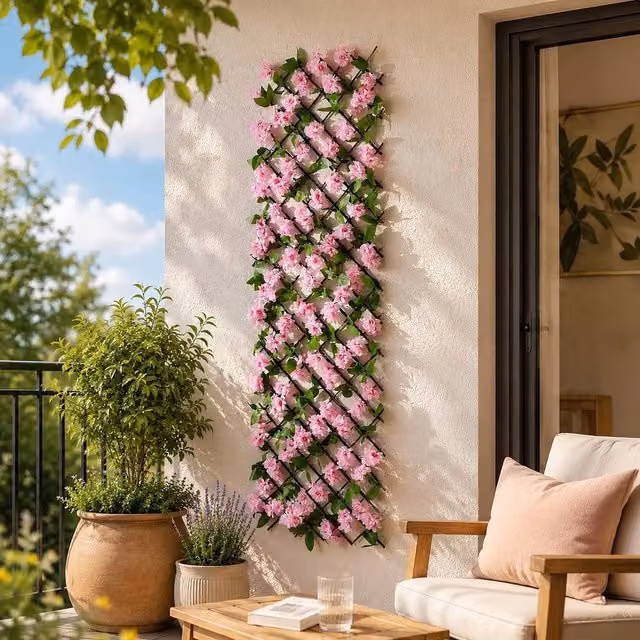 Marco Paul Expandable Artificial Pink Blossom Trellis Privacy Screen, W/H: 60 x 180 cm