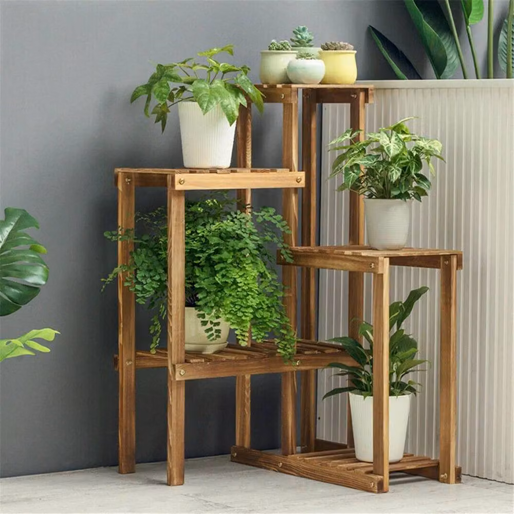 KORVIXA Brown Pine Wood Multi Tier Garden Plant Stand and Shoe Rack – 3