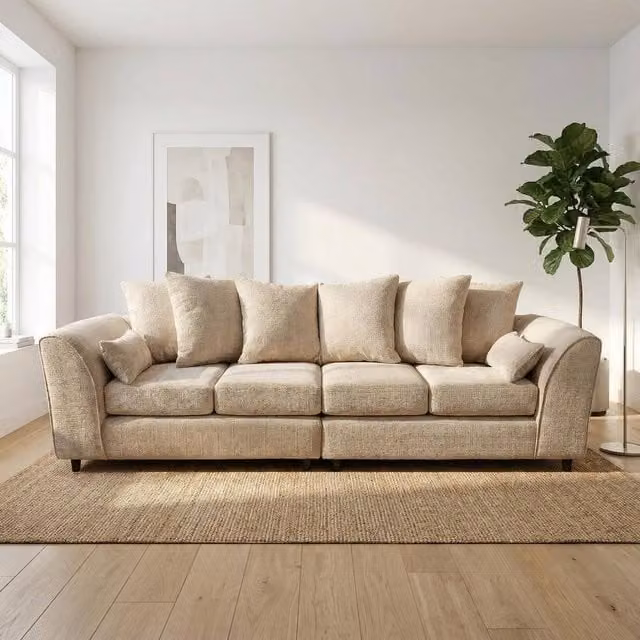 Abakus Direct Jumbo Chenille 4 Seater Sofa in Beige with Deep Seats and Angular Arms