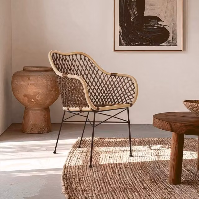 Orsina Manado Boho Armchair in Natural Rattan and Black Metal