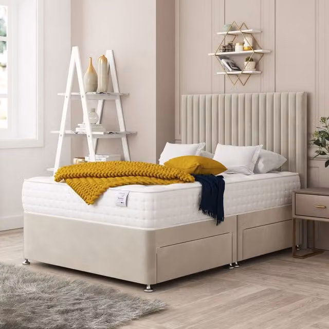Bed Choices Manhattan King Size Bed Set in Cream with Mattress and 26 inch Upholstered Velvet Headboard – 1