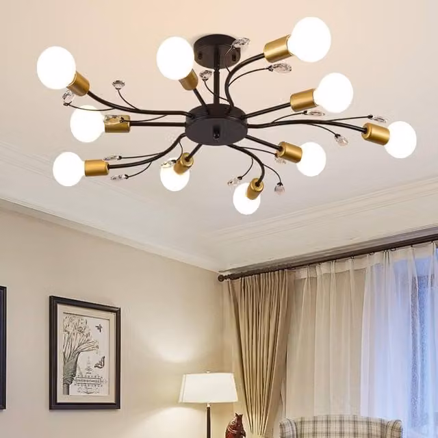 NIVOR Mid Century 10-Light Crystal Chandelier Flush Mount Ceiling Lamp in Black and Gold/Brass with E27 Bulbs
