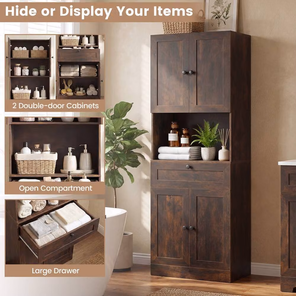 Costway Modern Wooden Bathroom Cabinet in Brown with 4 Doors and 1 Drawer – 7