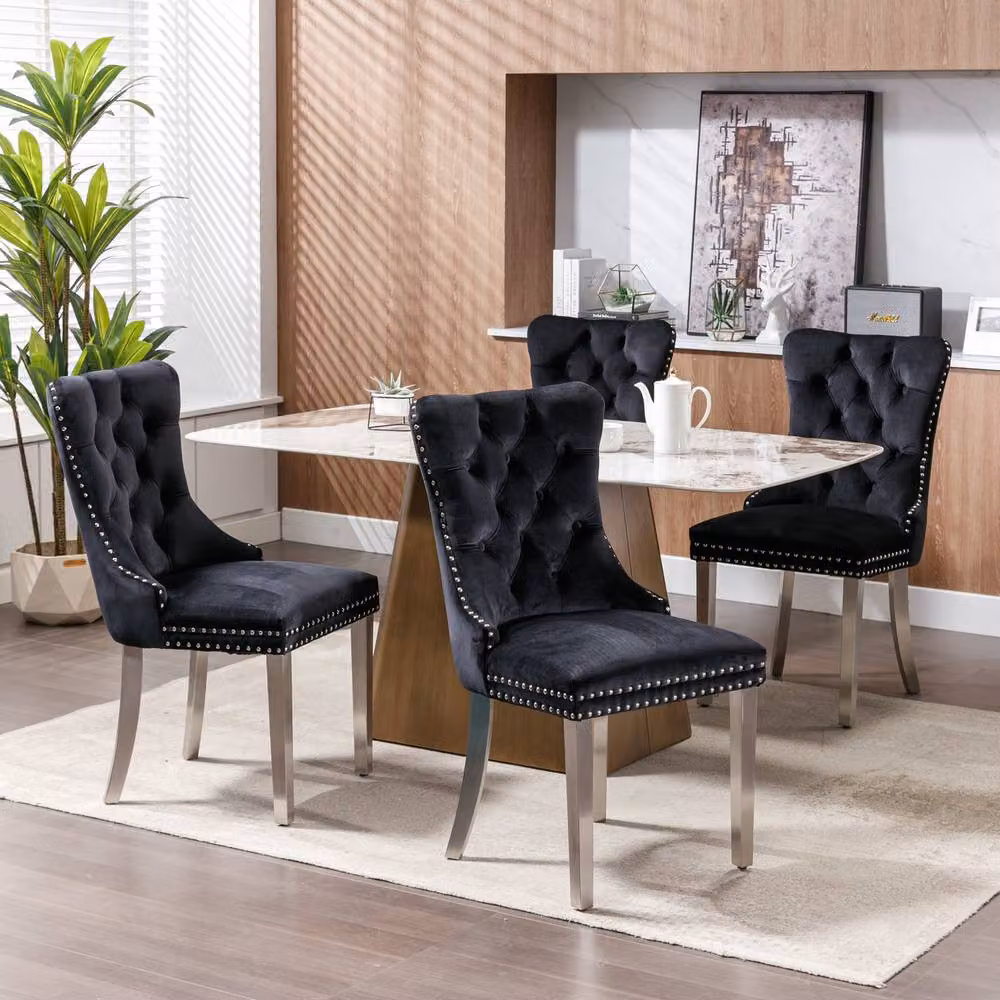 Modern Home Touch Winchester Set of 2 Black Velvet Upholstered Dining Chairs with Silver Chrome Legs – 2
