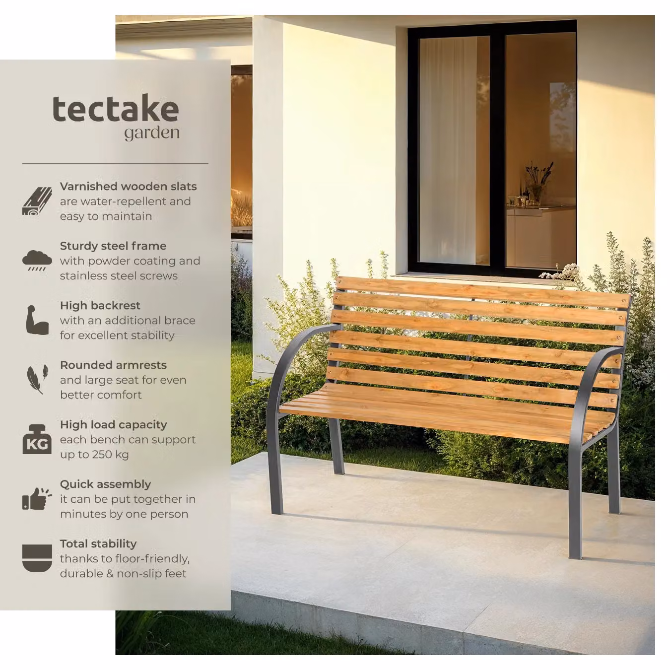 tectake Michaela 2 Seater Garden Bench in Brown with Wood and Lacquered Steel – 2