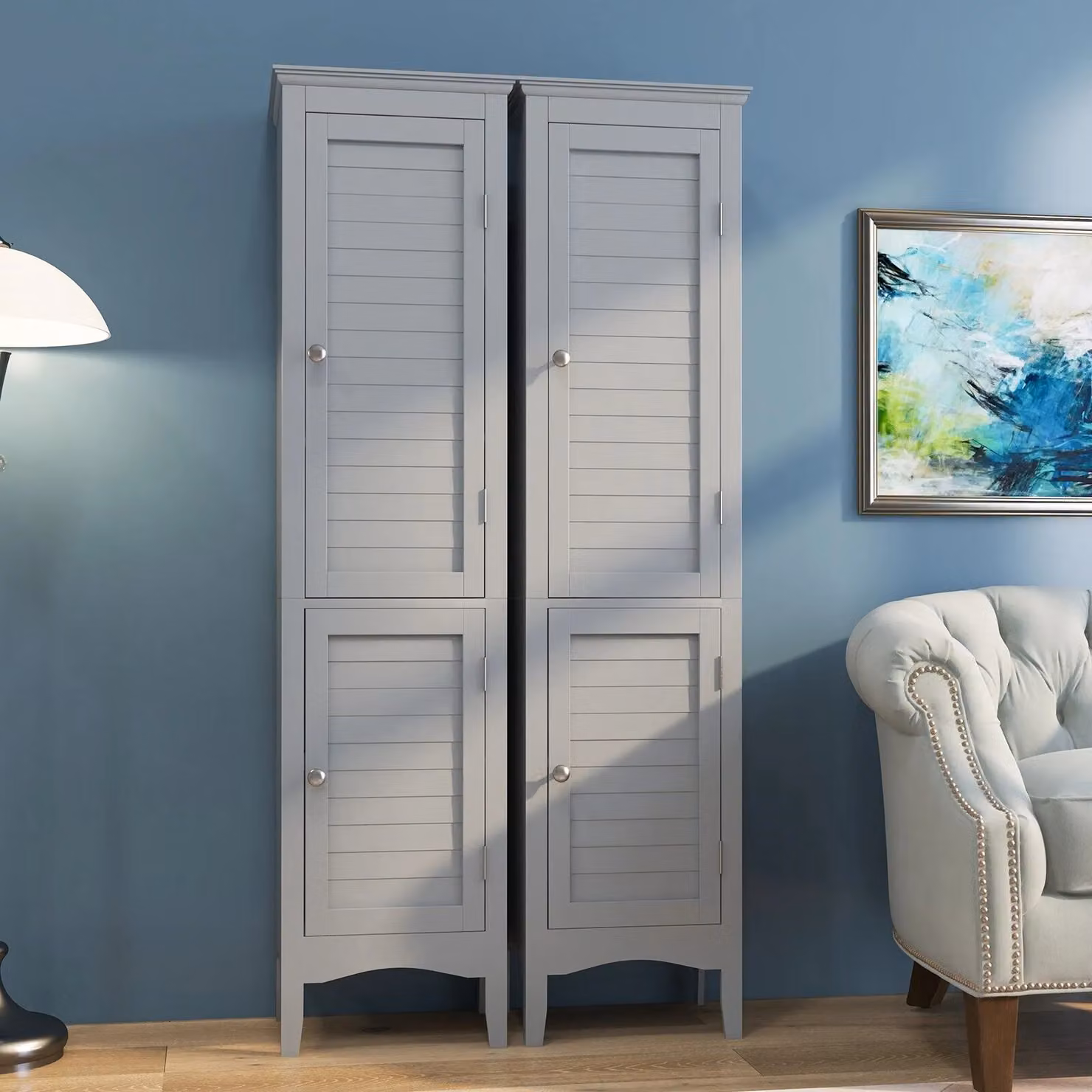 Costway 5-Tier Slim Bathroom Tall Storage Cabinet with 2 Hinged Doors in Grey – 5