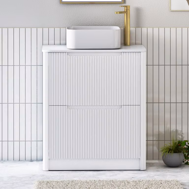 Royal Bathrooms Avenza 800mm Matt White Floor Standing 2 Drawer Vanity Unit with Elena Basin and Plain White Worktop