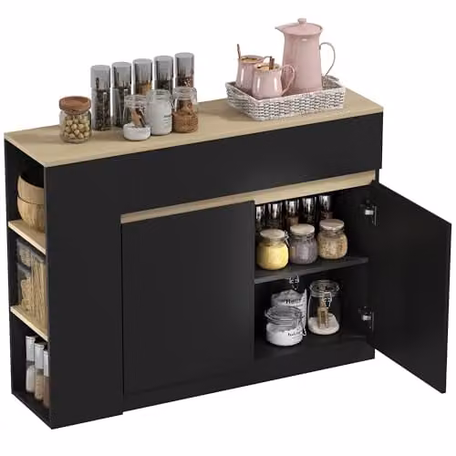 HOMCOM Modern Black Kitchen Island Sideboard with 2 Doors and 2 Drawers – 1