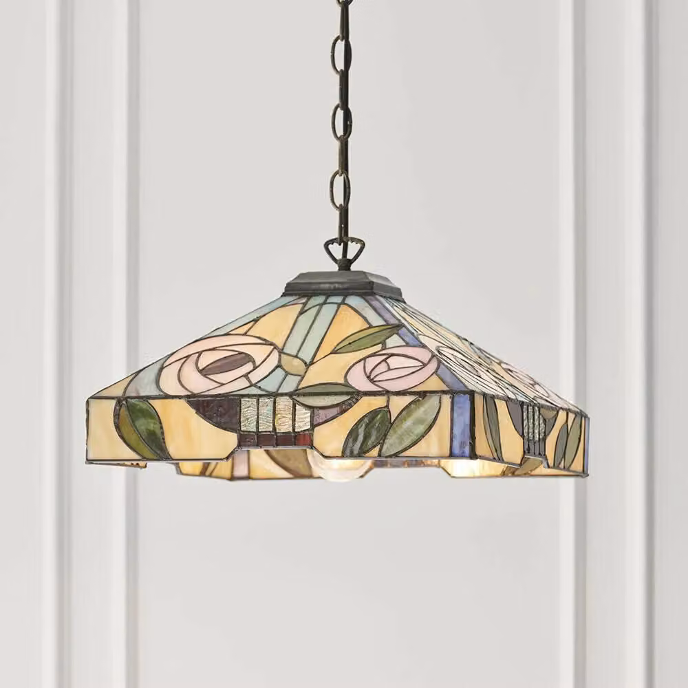 Loops Tiffany Glass Hanging Ceiling Pendant Light with Square Rose Shade in Bronze and Clear – 2