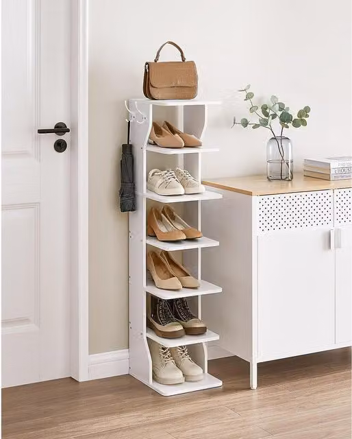 The Bazaarist 7-Tier Slim Vertical White MDF Shoe Rack with Back Panel and Hooks