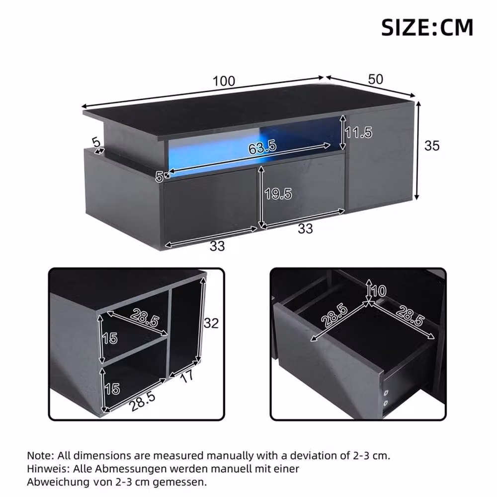 KORVIXA Black Coffee Table with RGB LED Lights and 2 Drawers, W/D/H: 100 x 100 x 35 cm – 2