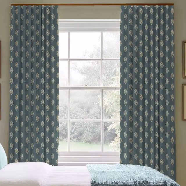 ANTE DECOR Hidcote Made To Measure Blackout Floral Cotton Eyelet Curtains in Hyacinth Blue