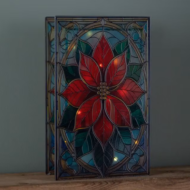 Samuel Alexander Red Multicolour Stained Glass Poinsettia Hanging Decoration with LEDs, 21 cm