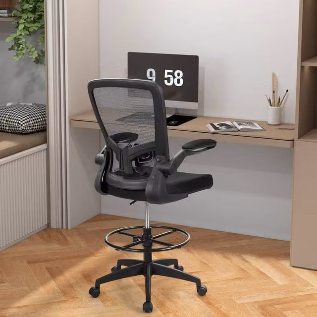 Costway 2-Piece Set of Height Adjustable Mesh Drafting Chairs with Lumbar Support and Foot Ring in Black