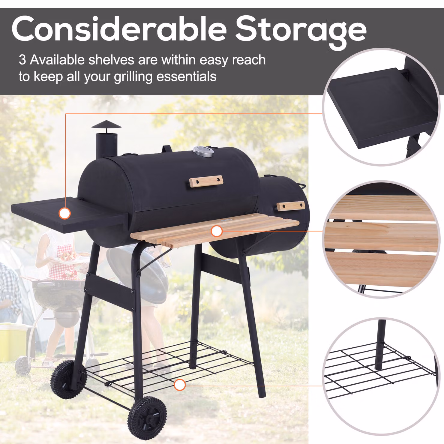 Outsunny Charcoal Barbecue Grill and Offset Smoker Combo with Wheels and Thermometer, Black, W/D/H: 124 x 53 x 104 cm – 7