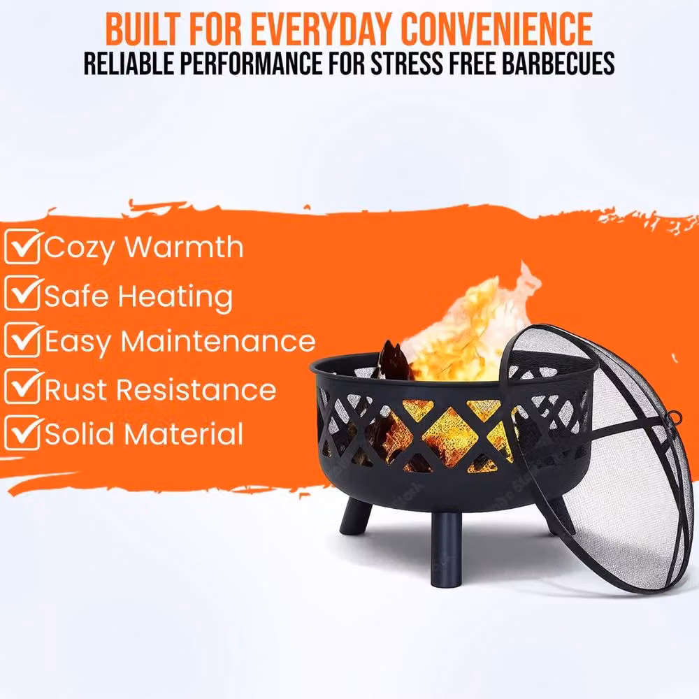 Kelvenix Portable Charcoal Fire Pit BBQ with Mesh Lid and Stainless Steel Fire Bowl, Black, Diameter: 60 cm – 4