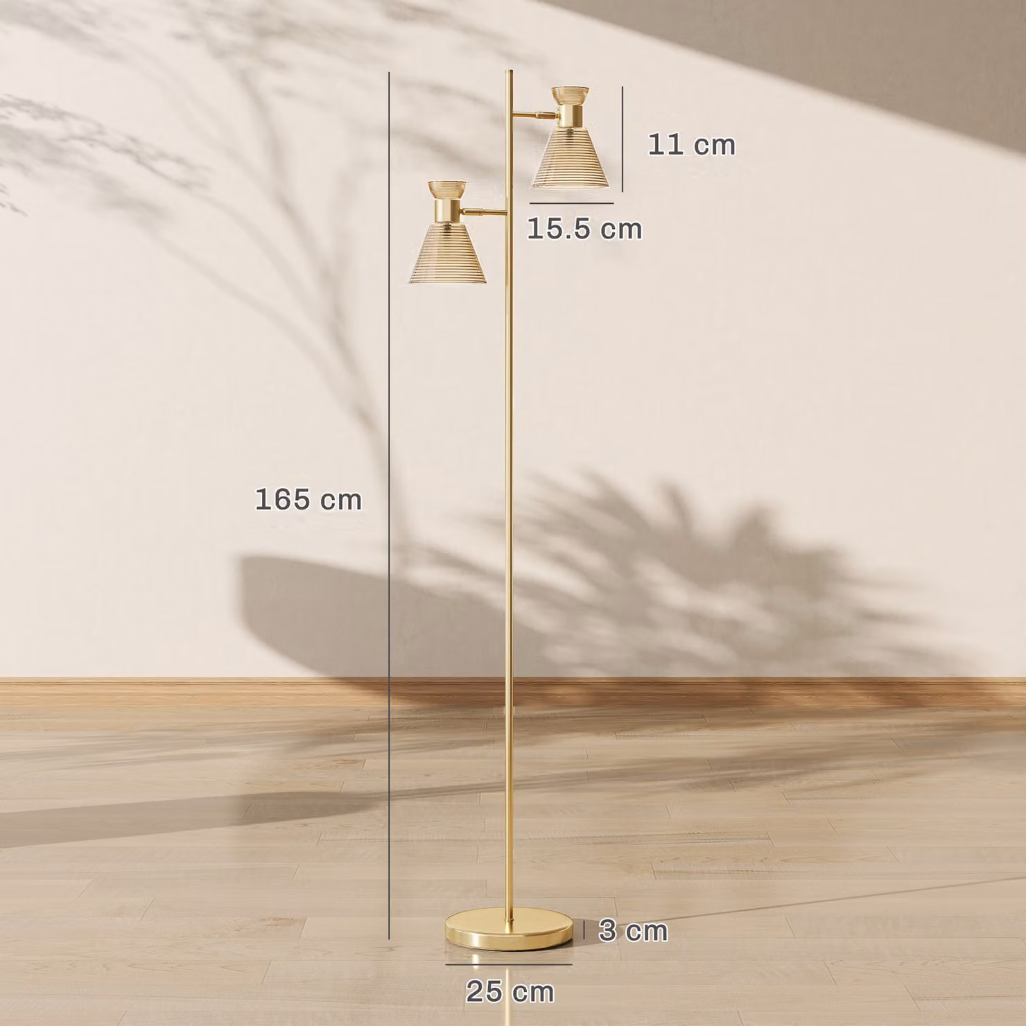 HOMCOM Modern Gold Floor Lamp with Adjustable Dual Heads and Floral Glass Shades, E27 Socket with Foot Switch – 3