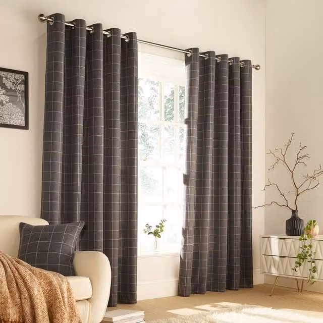 Make It A Home Ellis Check Grey Eyelet Room Darkening Thermal Insulating Curtain Pair, W: 137 cm, H: 229 cm