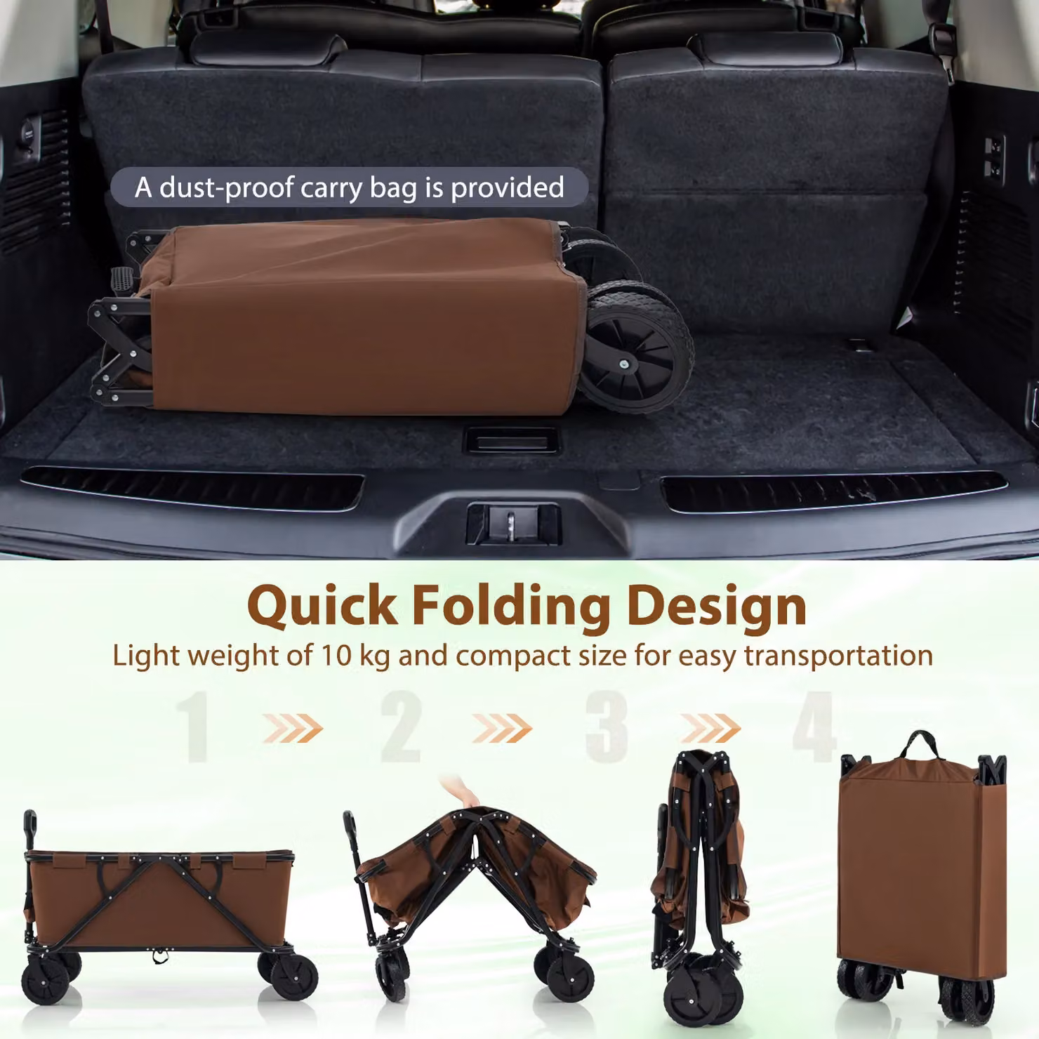 Costway Heavy-Duty Collapsible Foldable Wagon Cart with Adjustable Handlebar in Brown – 3