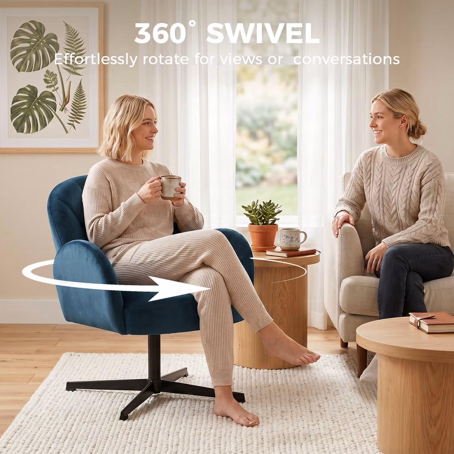 HOMCOM Blue Velvet Shell-Shaped Swivel Accent Chair with Armrests and Metal Base – 4