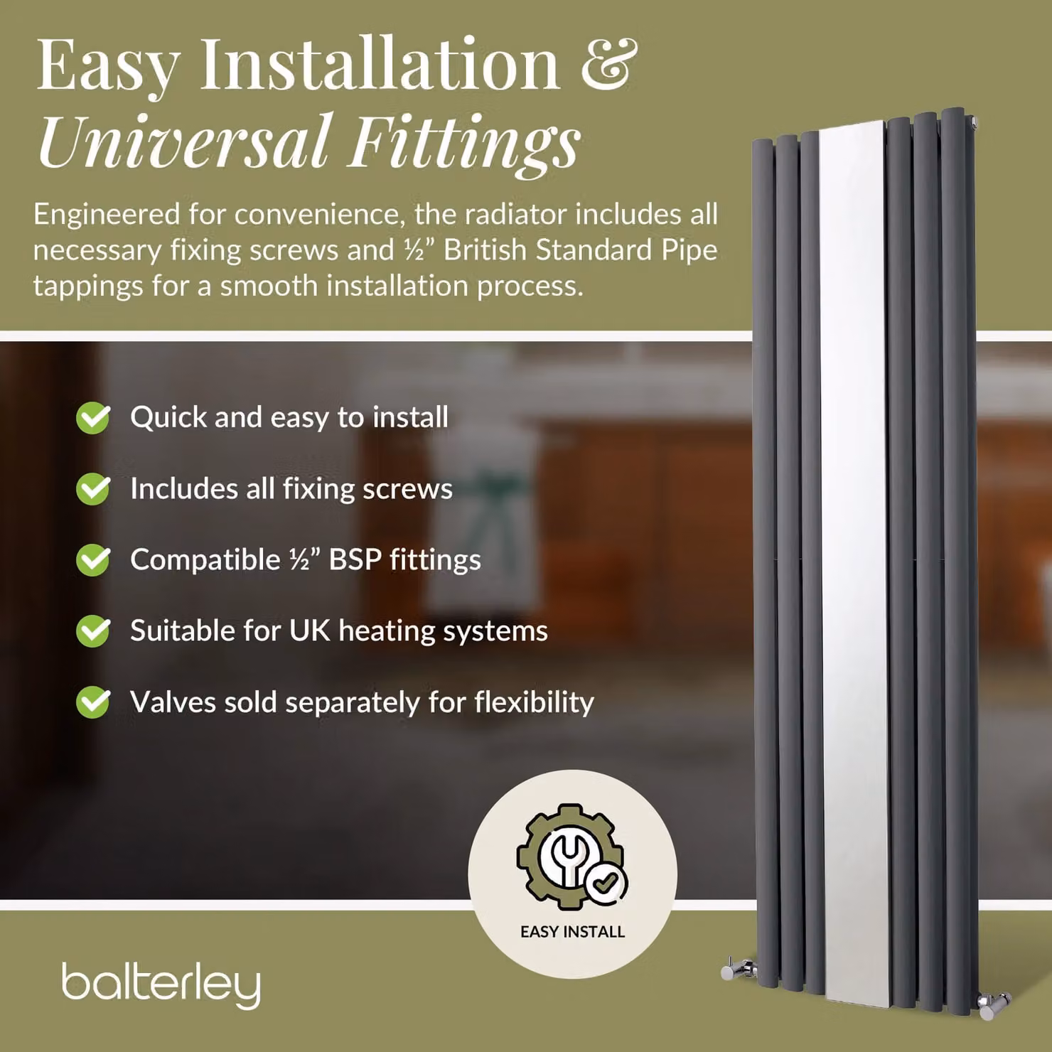 Balterley Embrace Vertical 1 Panel Radiator and Mirror, Anthracite Grey, H 180 cm x W 49.9 cm – 3