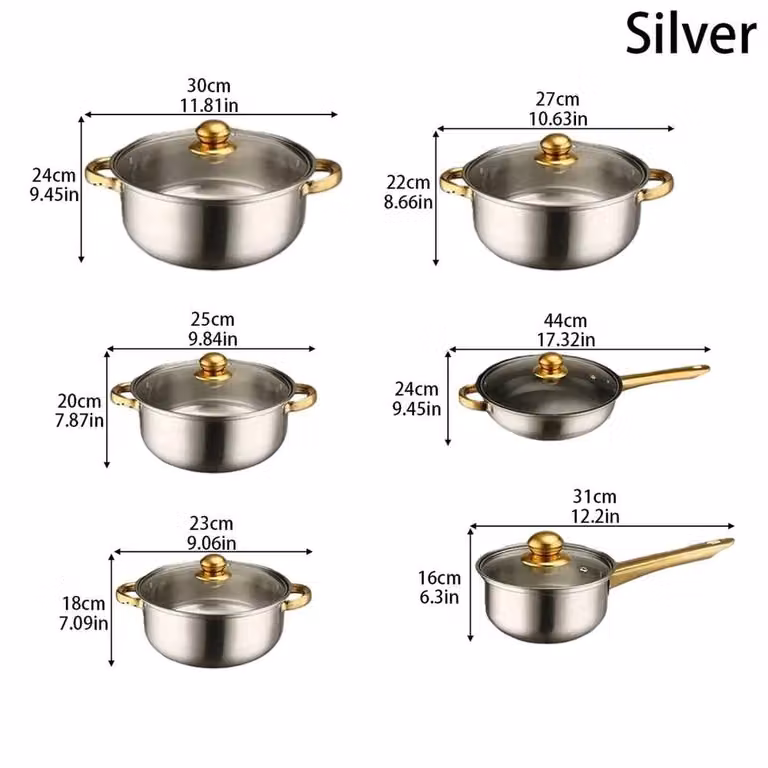 VOGREX 18-Piece Non-Stick Stainless Steel Cookware Set with Glass Lids in Silver