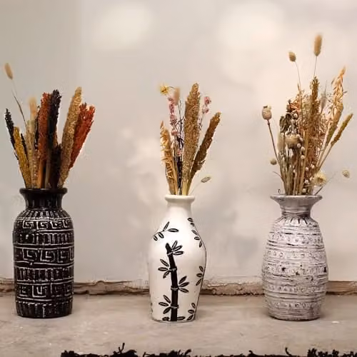 KDMD Ceramic Floral Ethnic Tabletop Vase in White, Beige or Sand, H 30.0 cm x W 14.0 cm x D 14.0 cm – 3