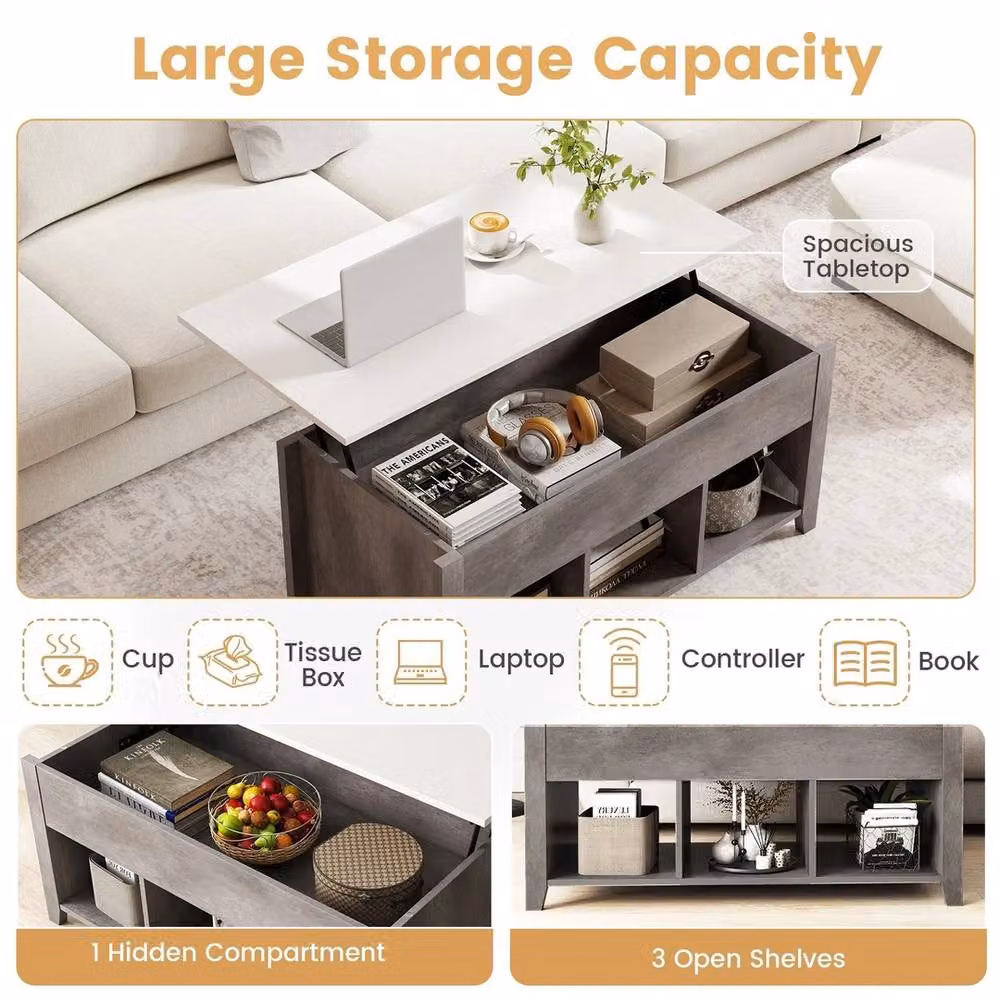 VOGREX Grey Modern Lift Top Coffee Table with 3 Storage Cubes – 6