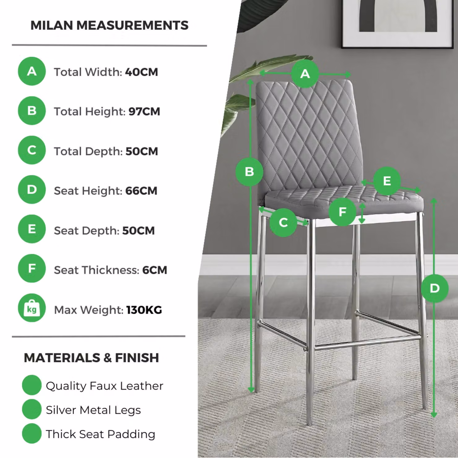 FurnitureboxUK Set of 2 Milan Hatched Faux Leather Padded Counter Stools with Silver Chrome Metal Legs in Black – 6