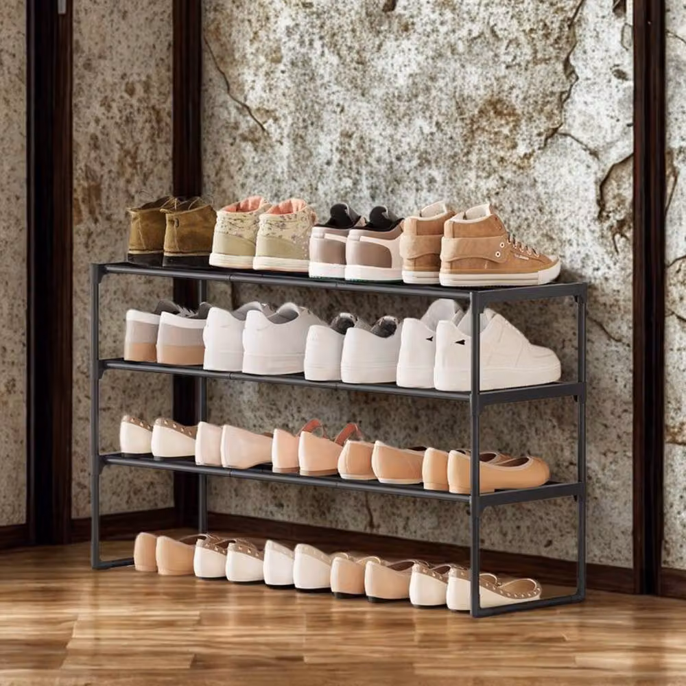 Pirlo Plush 3 Tier Metal Shoe Rack with Open Shelves in Black – 3