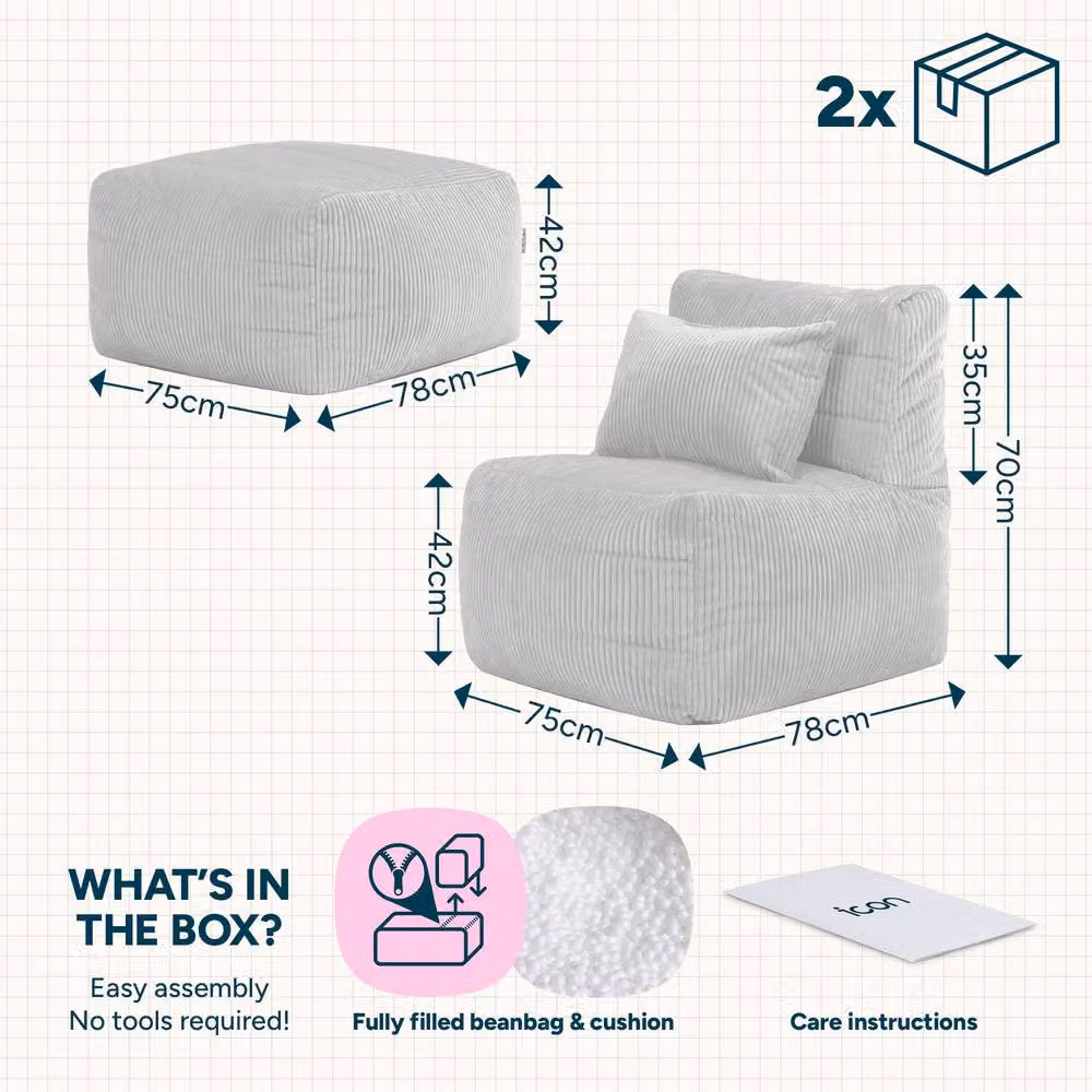 icon Noa Bean Bag Set with Recliner and Slab in Green Jumbo Cord – 3