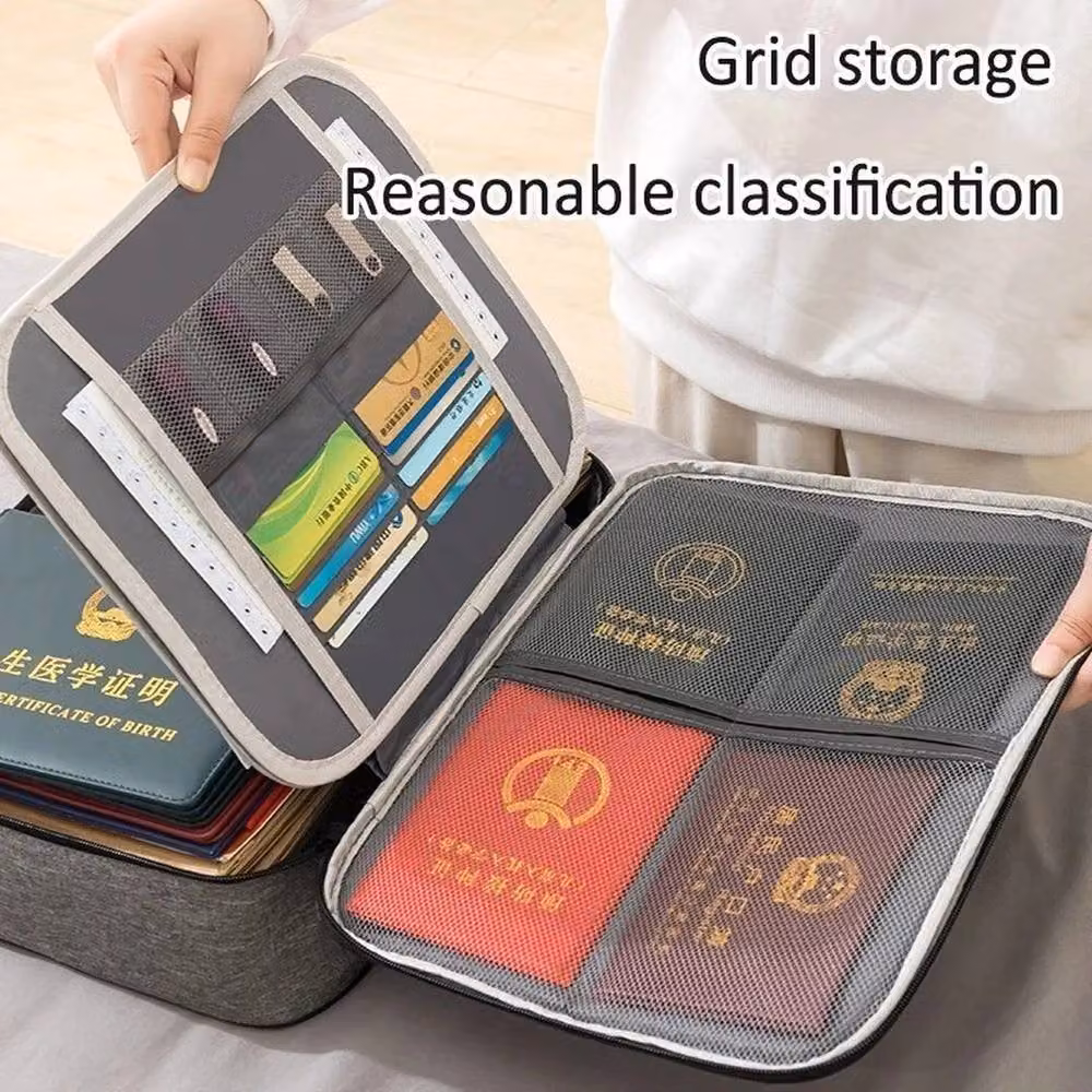 PAWNORA Fireproof and Waterproof Document Box with Lock, Grey Fabric File Storage Organiser, W: 100 cm, D: 100 cm, H: 1 cm – 4