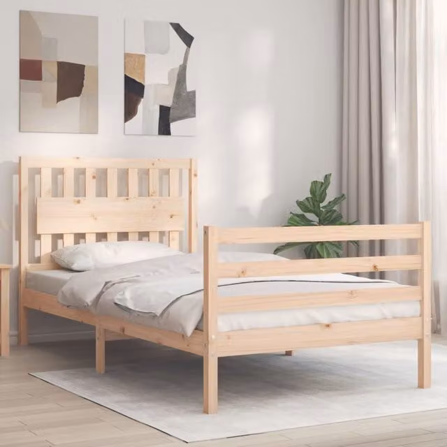 Berkfield Home Solid Wood Pine Bed Frame with Headboard in Brown, W/D/H: 100 x 200 cm