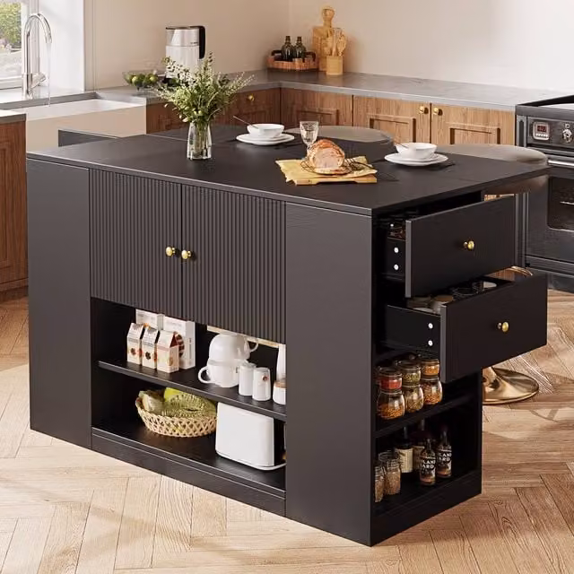 Rolipo Modern Black Kitchen Island with Fold-Down Tabletop and Storage