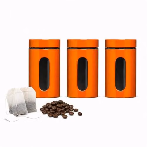 Premier Housewares Set of Three Airtight Glass Storage Jars with Orange and Yellow Lids