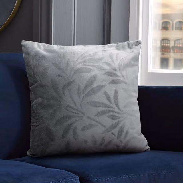 Velosso Grey Soft Touch Velvet Floral Leaf Cushion