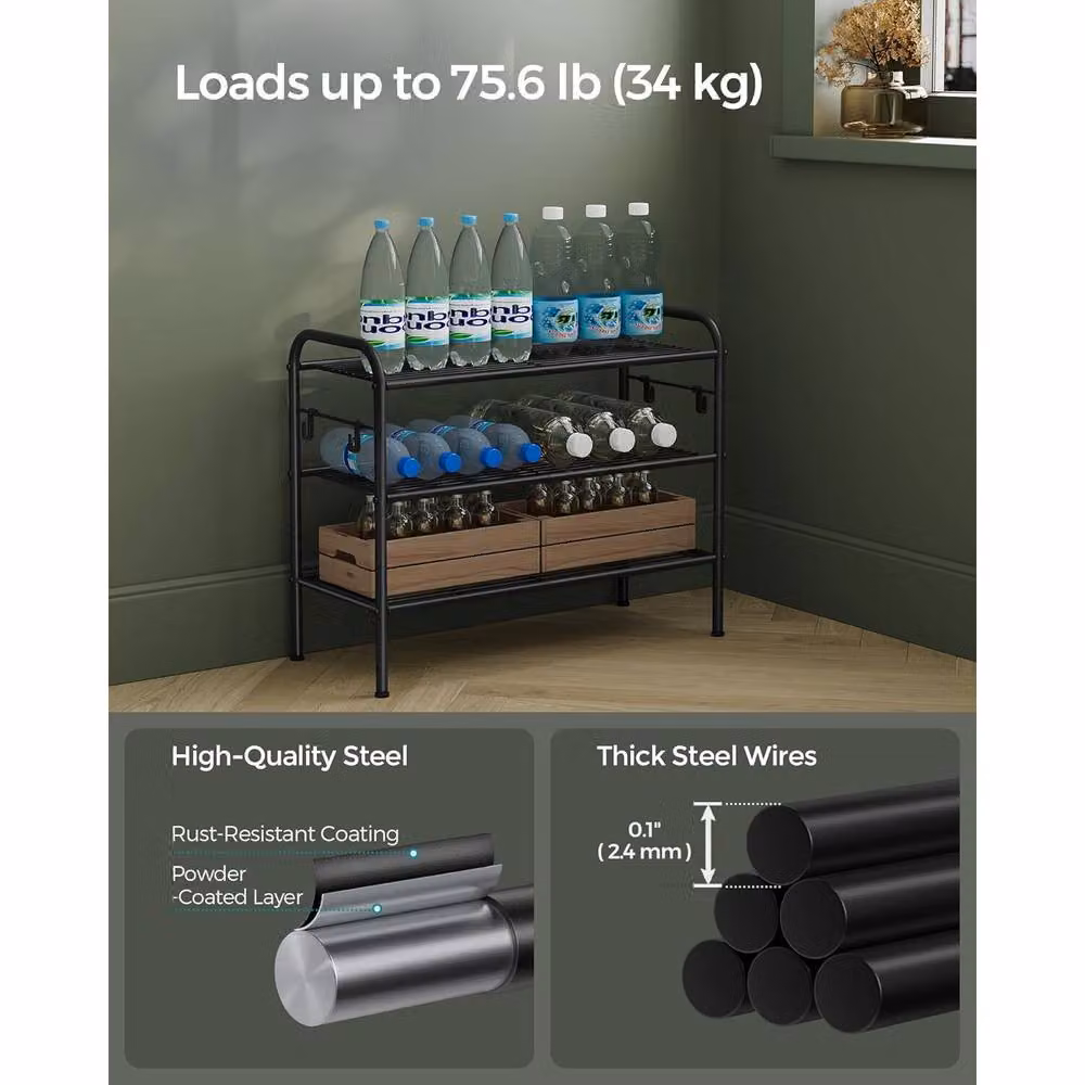 The Bazaarist 3 Tier Adjustable Metal Shoe Rack with Hooks in Matt Black – 4