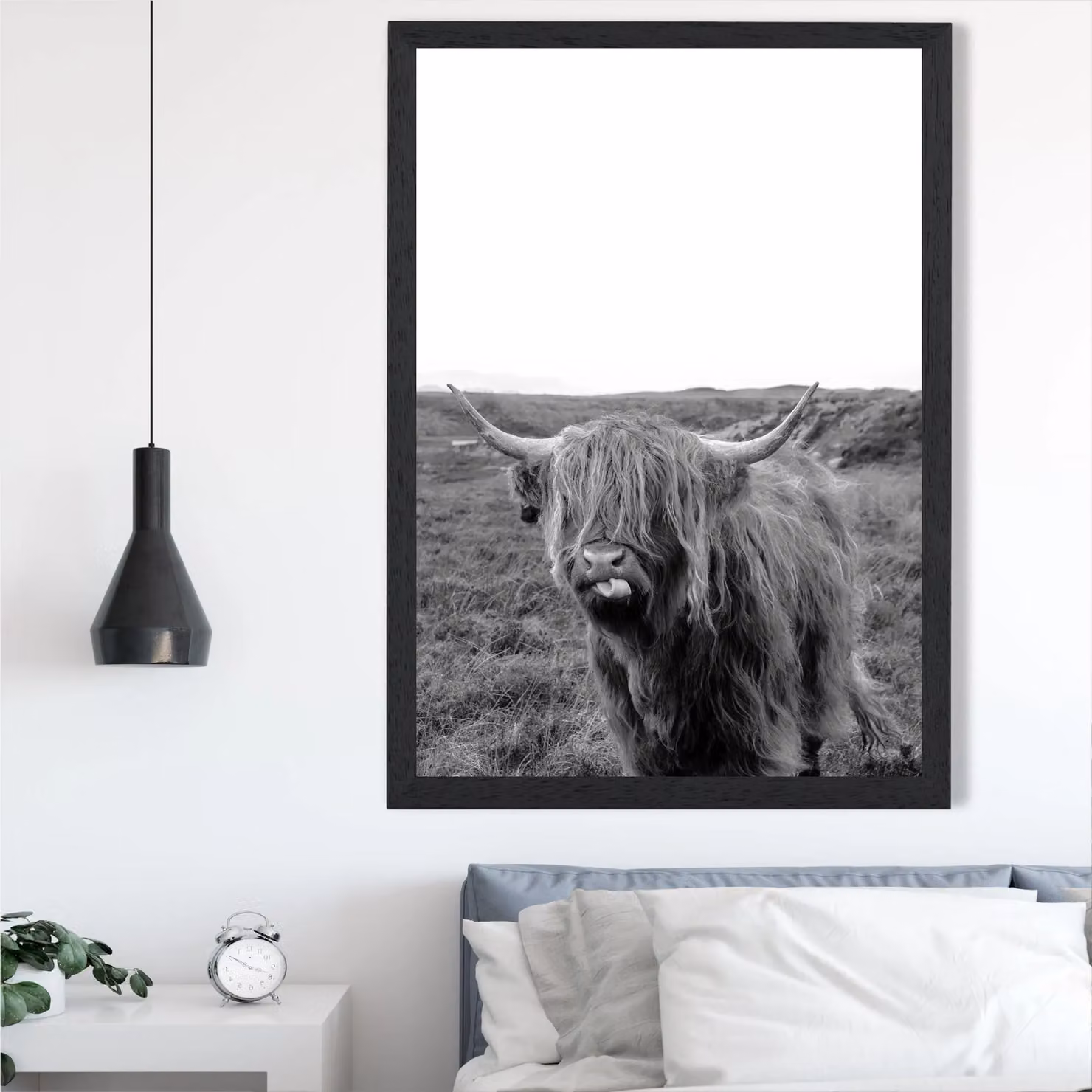 ARTZE Cheeky Highland Cow Black and White Animal Photo Framed Print, A4 – 2