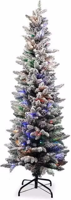 Neel Blue Frosted Slim Pencil Christmas Tree, Prelit in Green and Blue, Height: 152.4 cm
