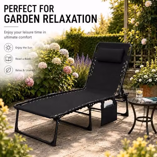 SHATCHI Black Folding Sun Lounger with 5-Position Adjustable Headrest and Textilene Fabric, W/D/H: 185 x 120 x 58 cm – 7