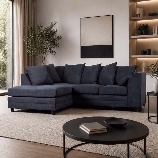 Furnishings For Less UK Casper Chenille 3 to 4 Seater L Shaped Corner Sofa, Left Hand Facing, Black – 1