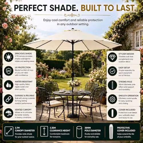 GlamHaus Garden Parasol Umbrella with UPF 40 Protection and Cover, Beige Polyester and Steel – 7