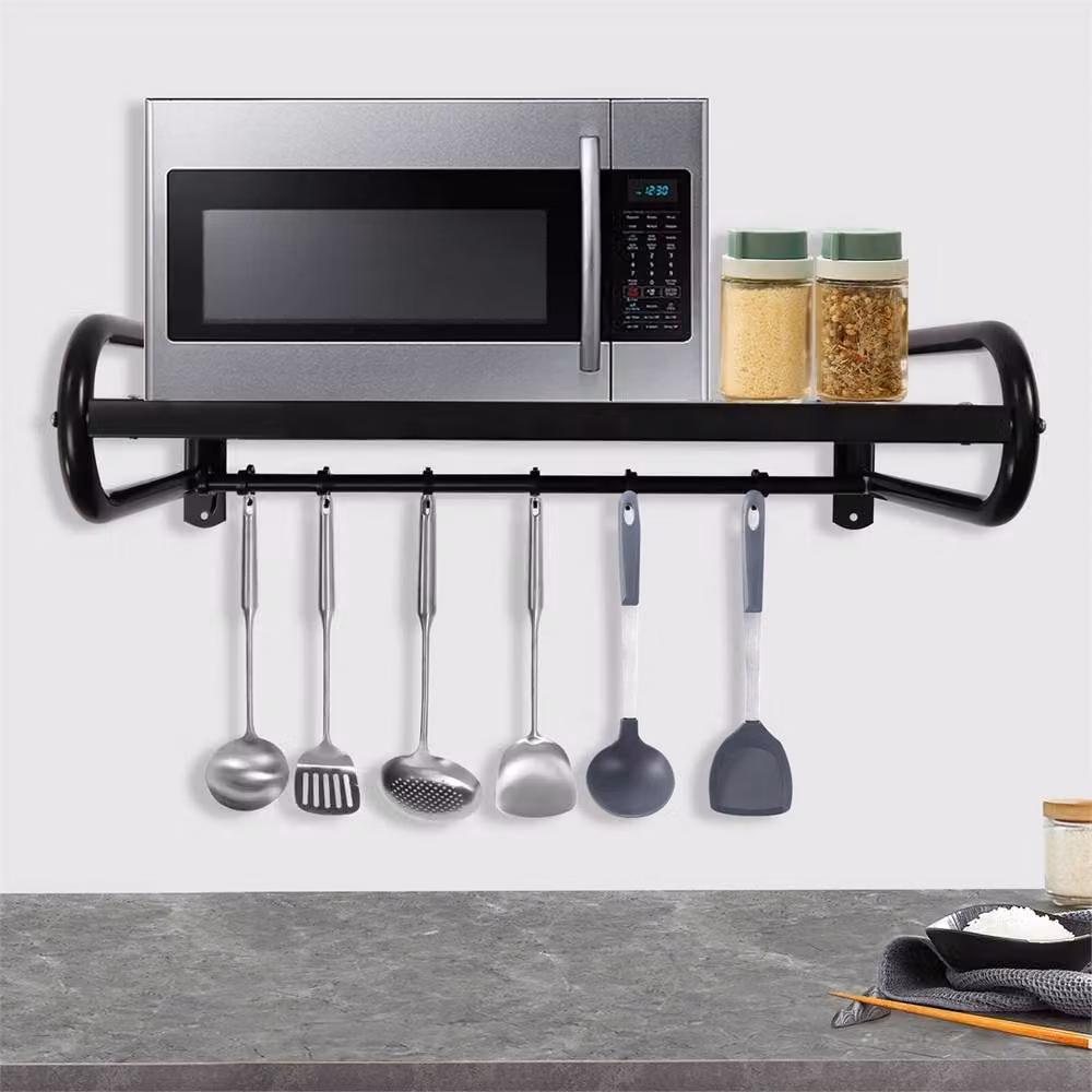 Ventryn Black Stainless Steel Wall Mounted Microwave Shelf with 6 Hooks, W: 53 cm, D: 18 cm, H: 30 cm – 3