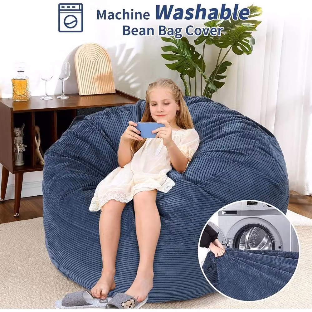 VOGREX 2 in 1 Convertible Bean Bag Chair Bed and Corduroy Floor Sofa in Blue with Shredded Memory Foam and Removable Cover – 4