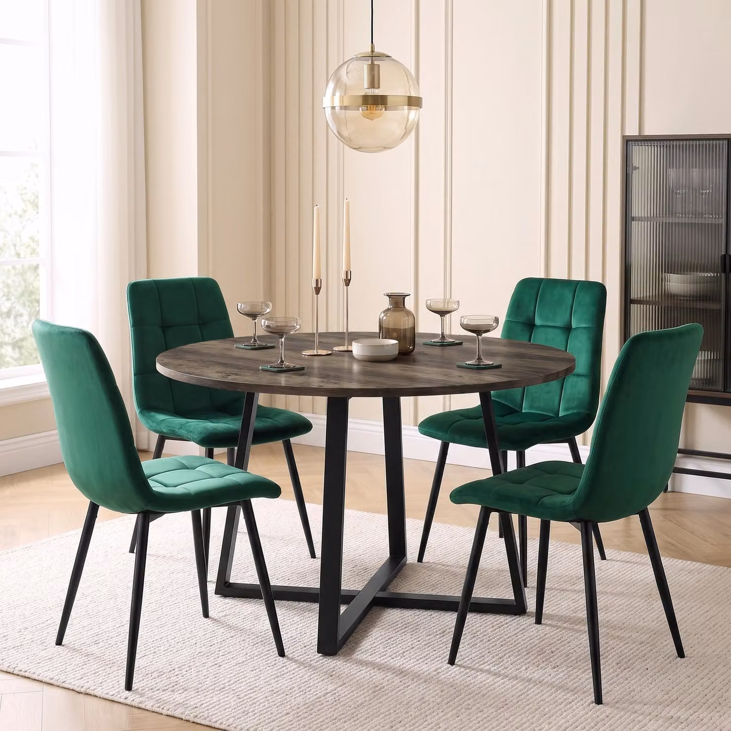 DHS Round Dining Table Set with 4 Chairs in Green and Black, Diameter: 110 cm, Height: 75 cm