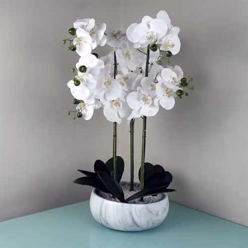 Leaf Design UK White Orchid in a Green Marble Effect Ceramic Planter, H 60 cm x W 40 cm x D 40 cm – 1