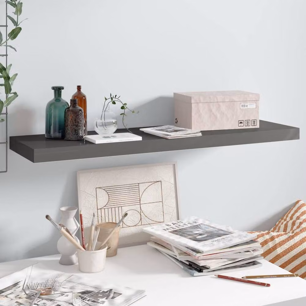 Berkfield Home Floating Wall Shelf in High Gloss Grey, W/D/H: 90 x 23.5 x 3.8 cm – 2